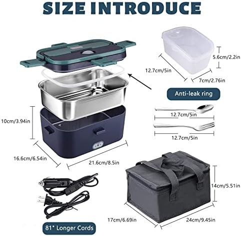 Electrónica 3 en 1 Fiambrera 12V/24/220V, 1,8L 60W para Trabajo, con Acero Inoxidable y Aislamiento, Bolsas y Cubiertos,