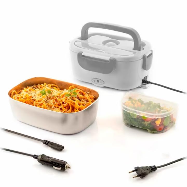  Portátil Eléctrica Fiambrera 2 en 1 Casa Coche Ecológica 40W Hermética Calentador Comida Compartimento Cubiertos (Con B