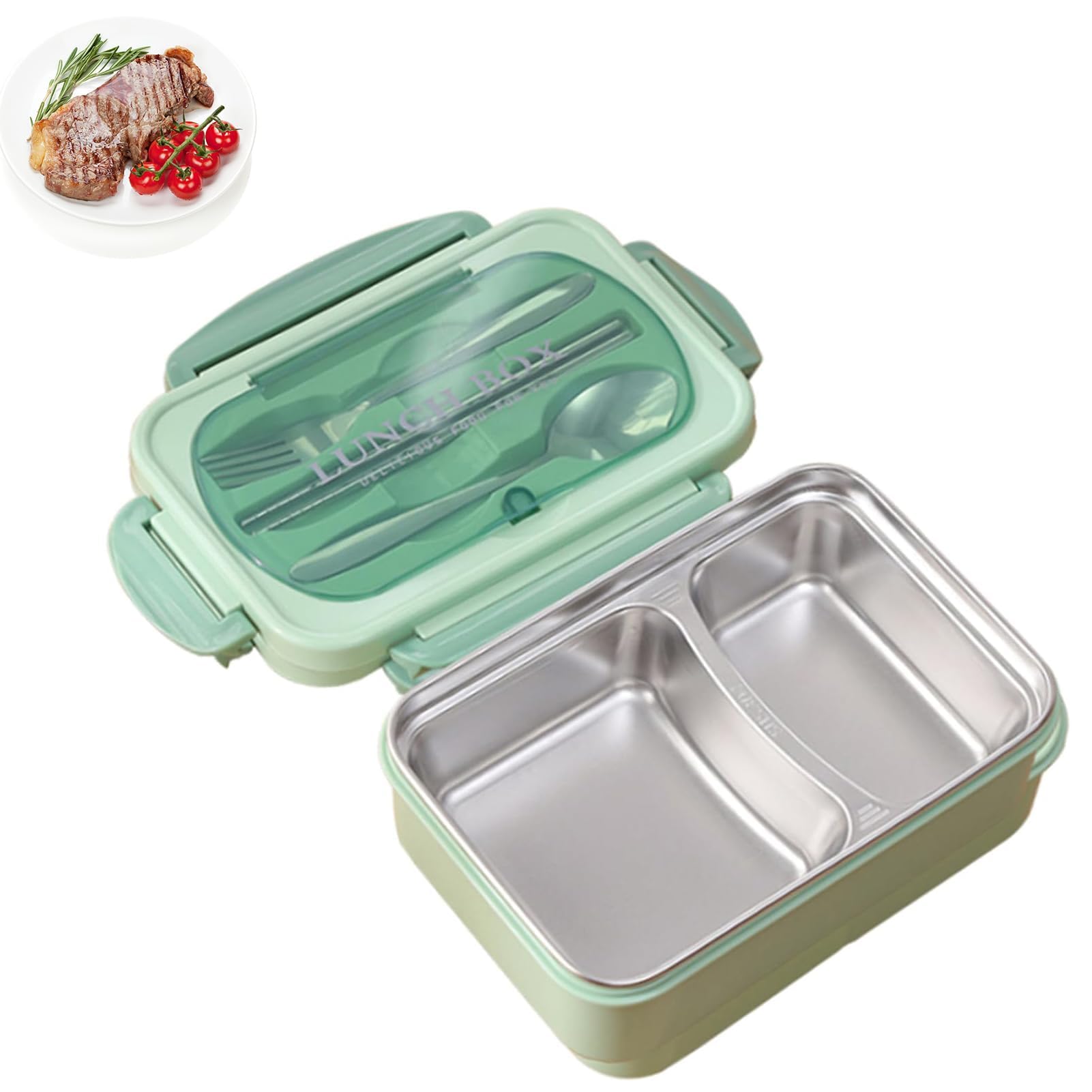 Fiambrera Bento Box Verde 2 Compartimentos para Estudiantes y Trabajadores con Cubiertos y Aislamiento Acero Inoxidable 