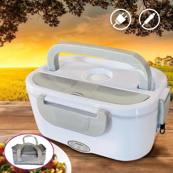  Portátil Eléctrica Fiambrera 2 en 1 Casa Coche Ecológica 40W Hermética Calentador Comida Compartimento Cubiertos (Con B
