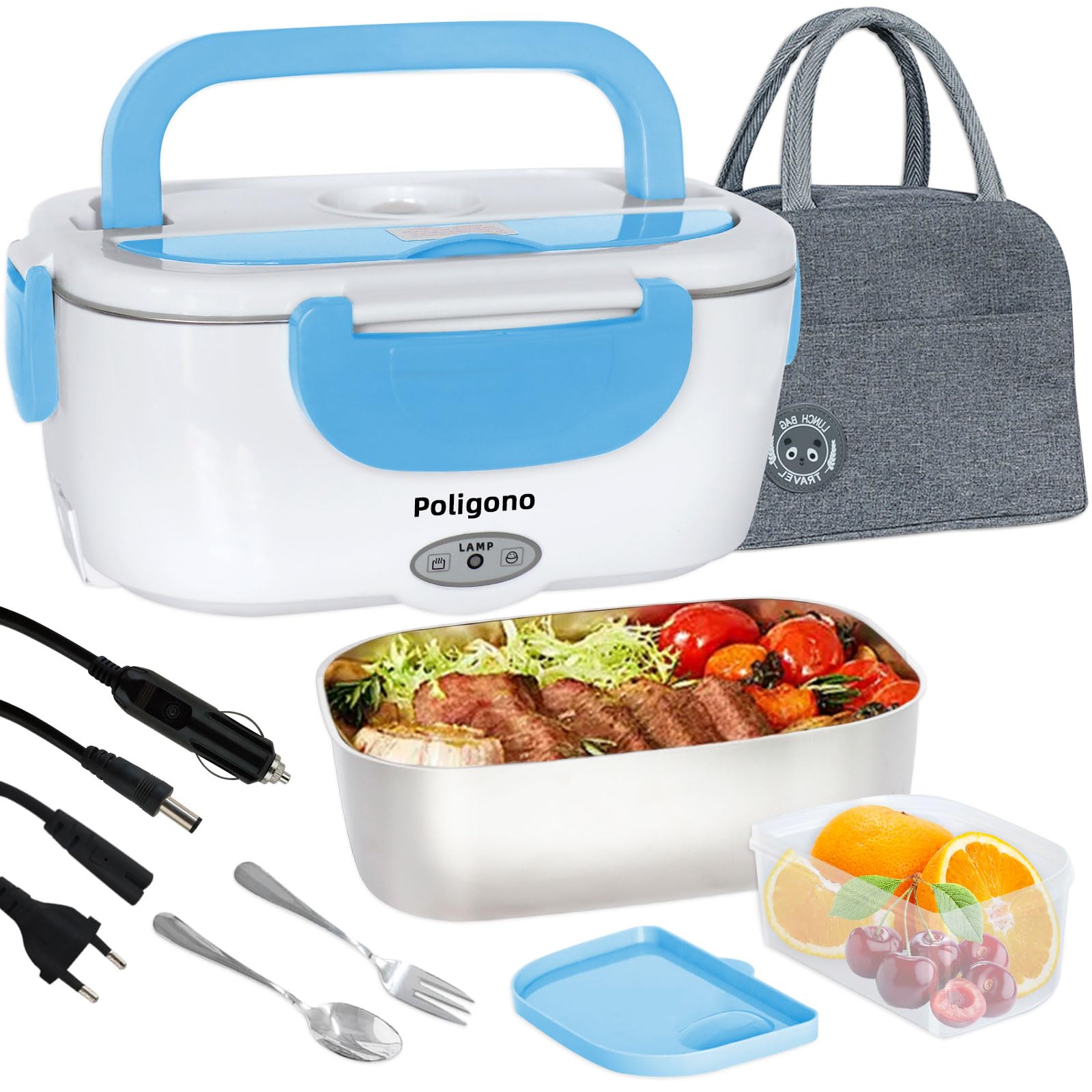 Fiambrera Electrica Poligono 1.5L para Trabajo, Calentador Termico de Comida, Tupper Electrico Inoxidable 55W 220V, Azul