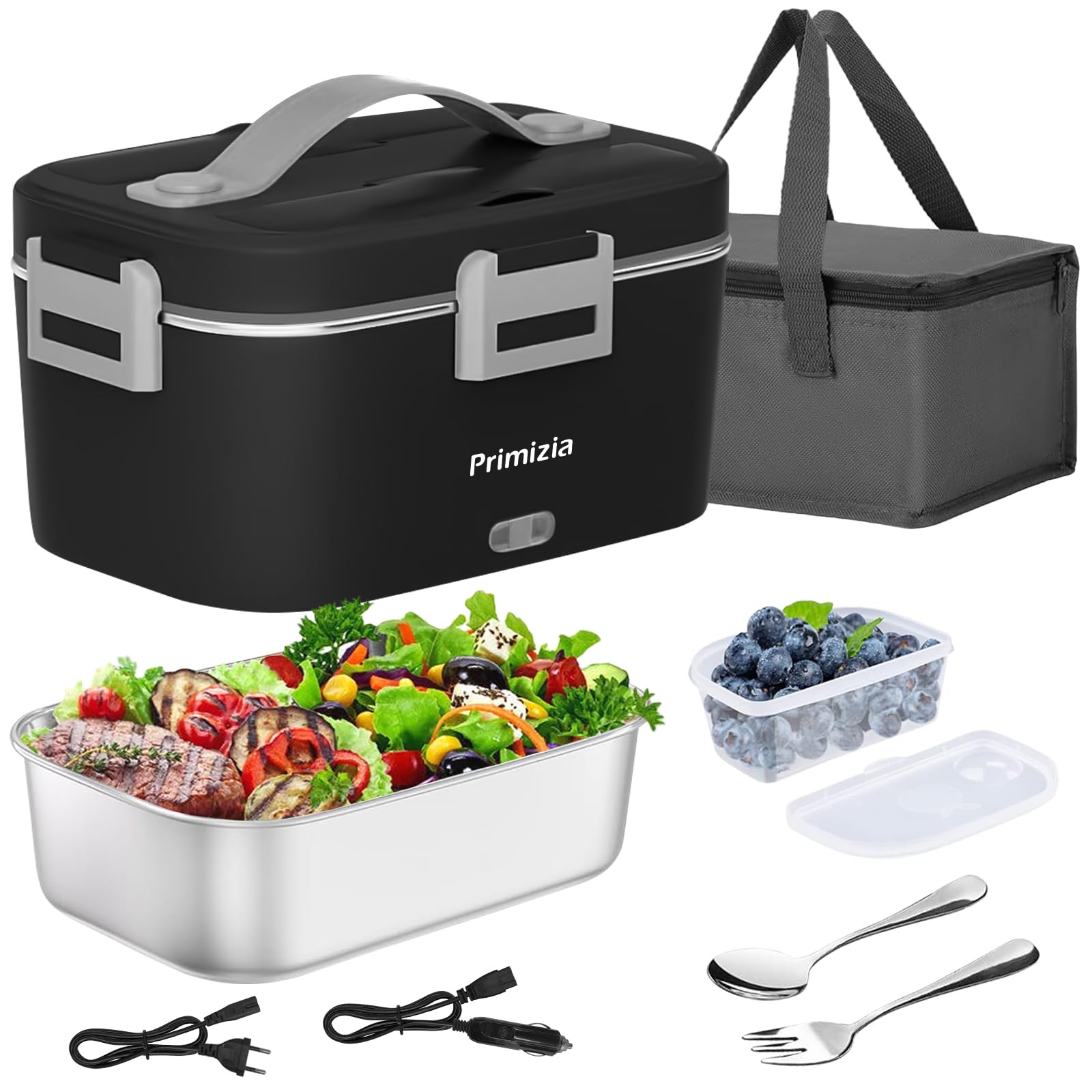 Primizia Fiambrera Eléctrica 1.8L, Ideal para Trabajo y Coche, Negro
